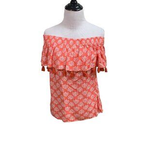 La Mer Luxe Women's S Small Off the Shoulder Top Tassels Coral Print Rayon